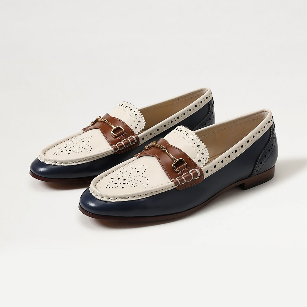 Navy and Ivory Patchwork Horsebit Decor Flat Women's Loafers Nicepairs