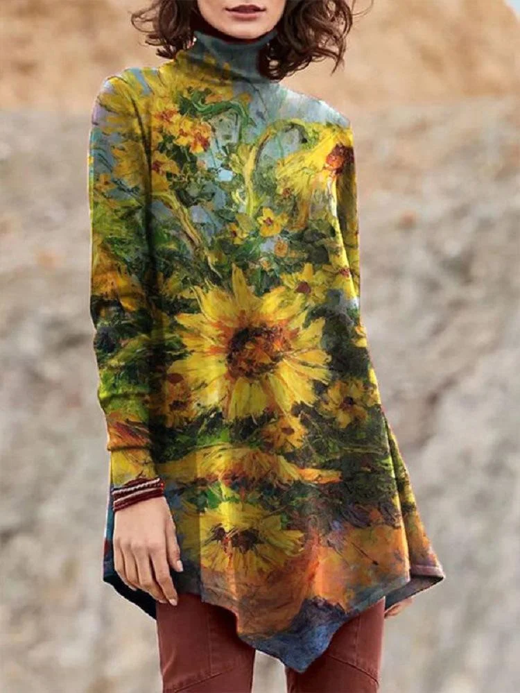 Ladies'Turtle Neck Long Sleeve Floral Printed TOP