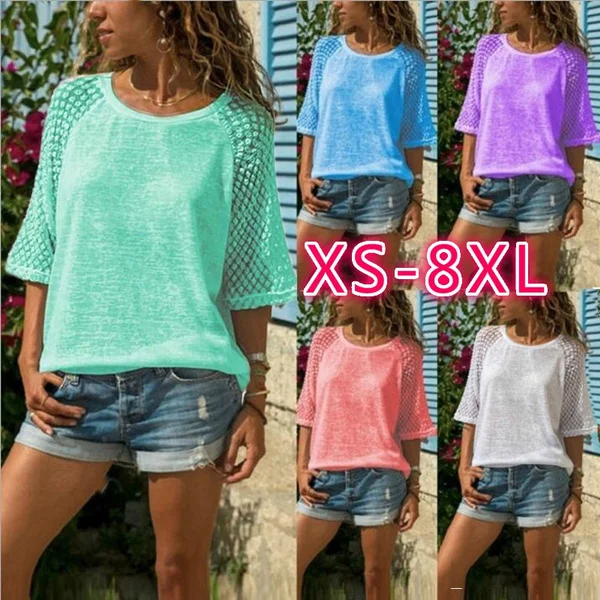 XS-8XL Women's Fashion Summer Casual T Shirts Plus Size Short Sleeve Hollow Out Stitching Lace Blouses Candy Color Loose Casual O-neck Solid Color Oversize Tops