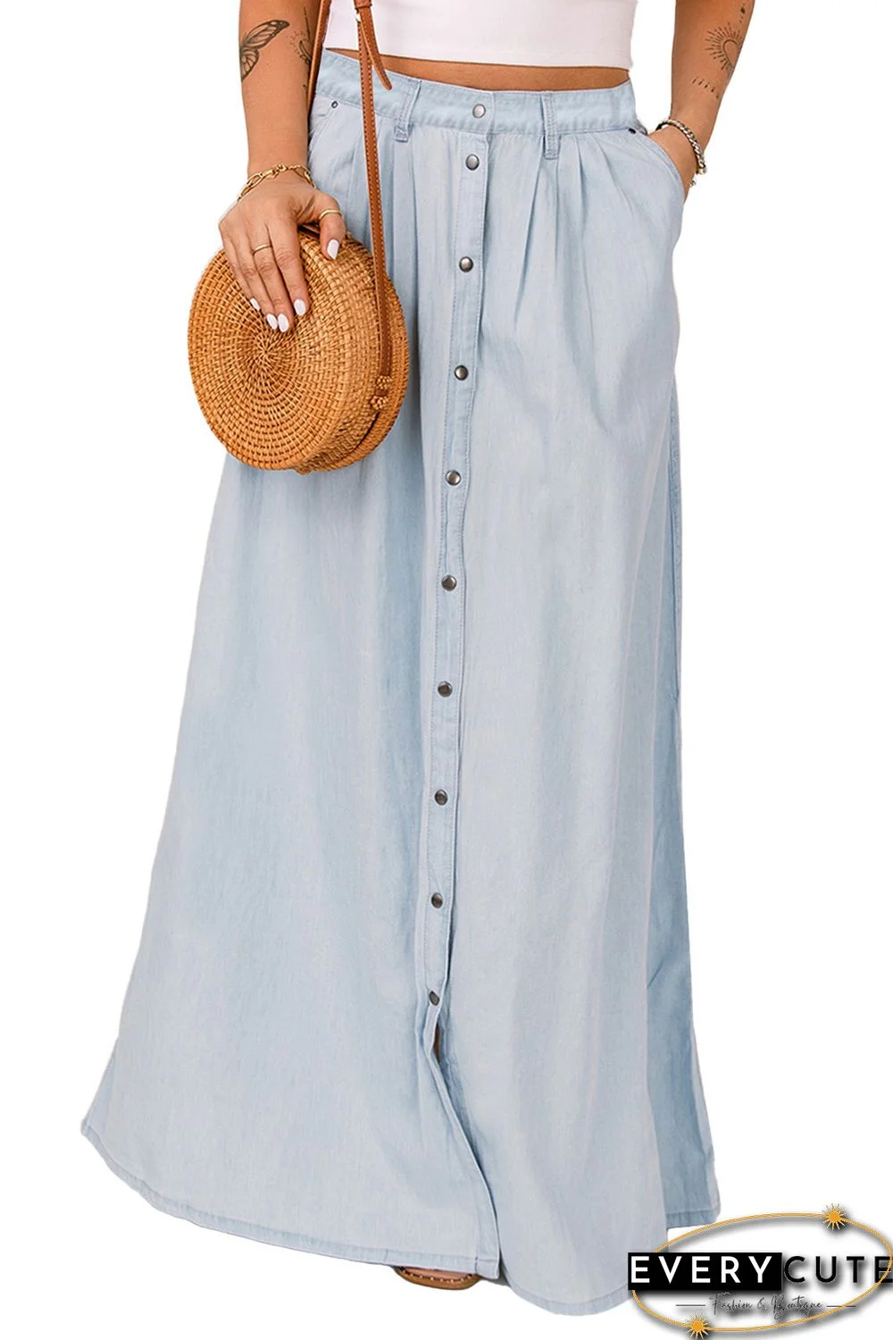 Sky Blue Casual Buttons Chambray Long Skirt