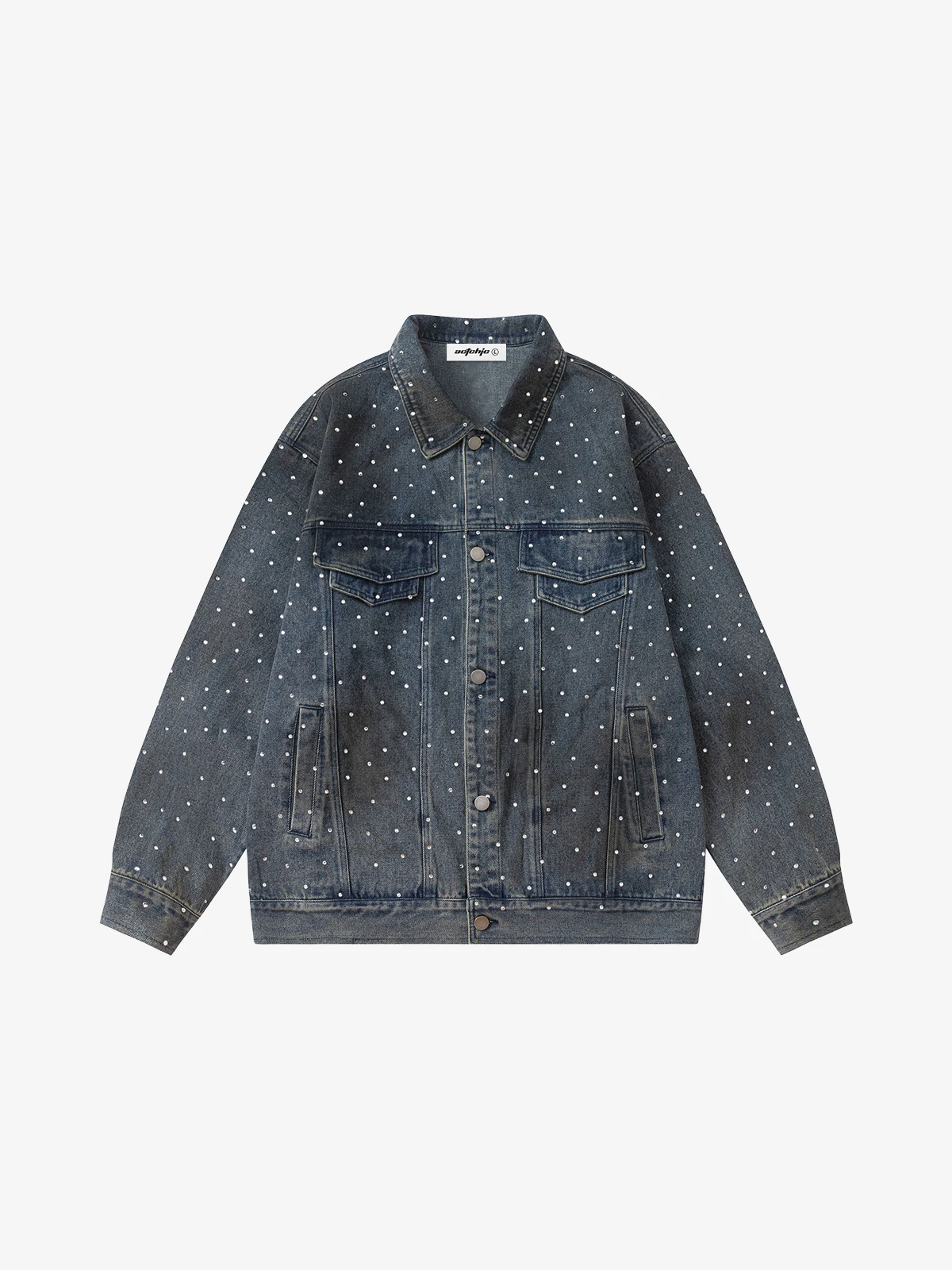 Blue Act Chic Dirty Effect Rhinestone Denim Jacket Front