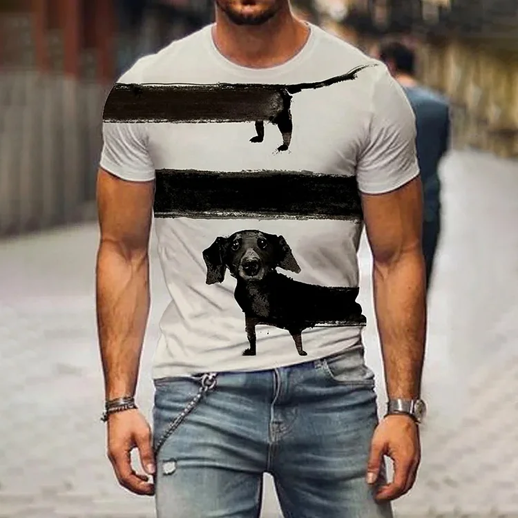 Utbros Men's Black Dull Dachshund Print Casual Short Sleeve T-Shirt