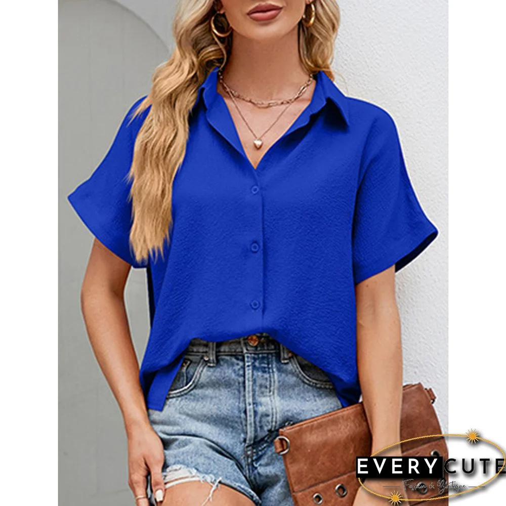 Blue Button Lapel V Neck Short Sleeve Shirt