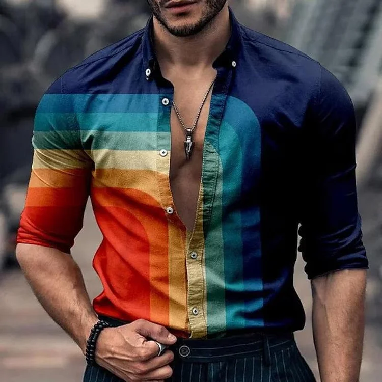Men's Retro Casual Rainbow Stripe Print Shirt 22970819TO