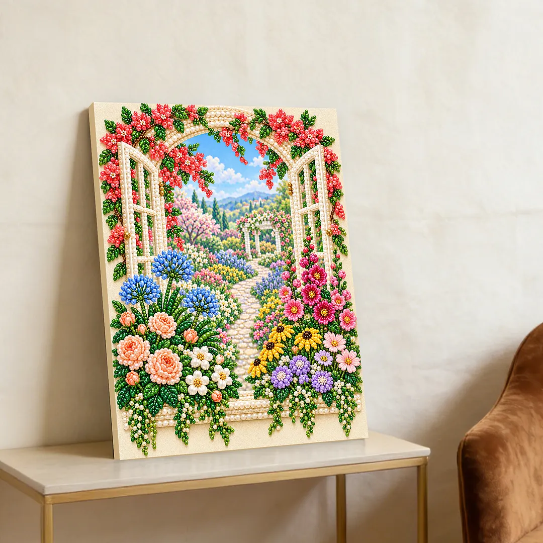 Framed Pearl Painting Kit Latticed Window 11.81x15.75in