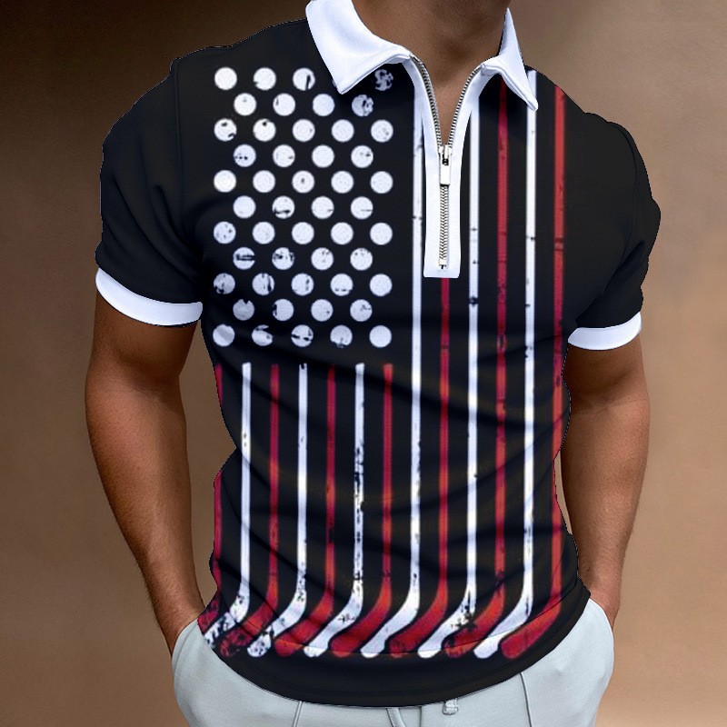 Men's Independence Day printed short sleeved zippered polo shirt PLUSCLOTHESMAN