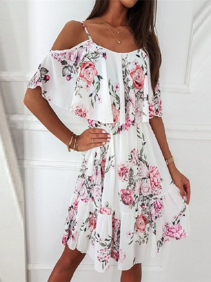 Chiffon Print Suspender Off Shoulder Dress White Dresses