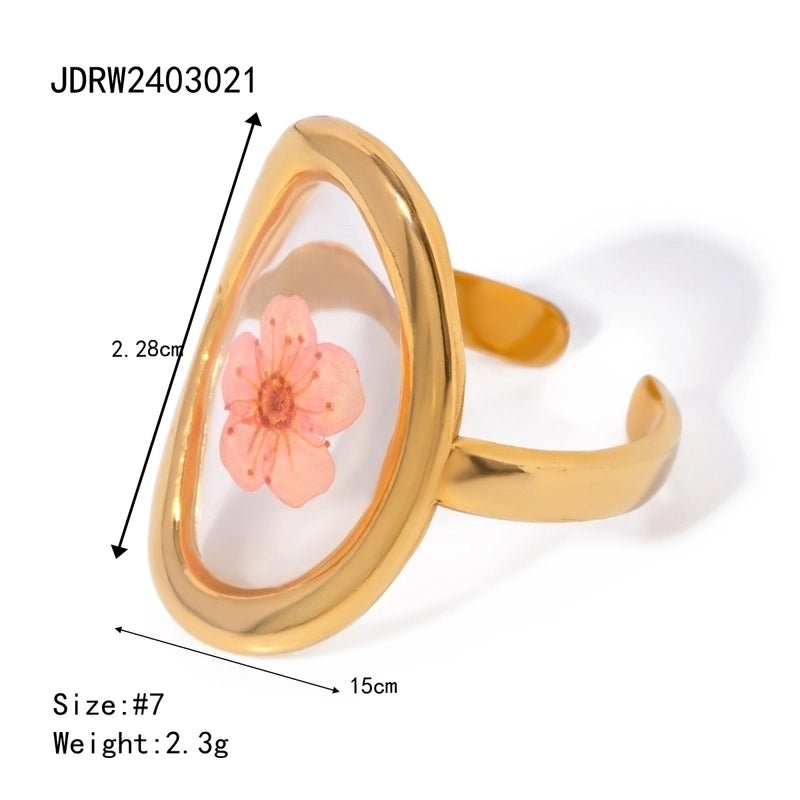 Sweet Artistic Four Leaf Clover Oval Flower 304 Stainless Steel 18K Gold Plated Rings