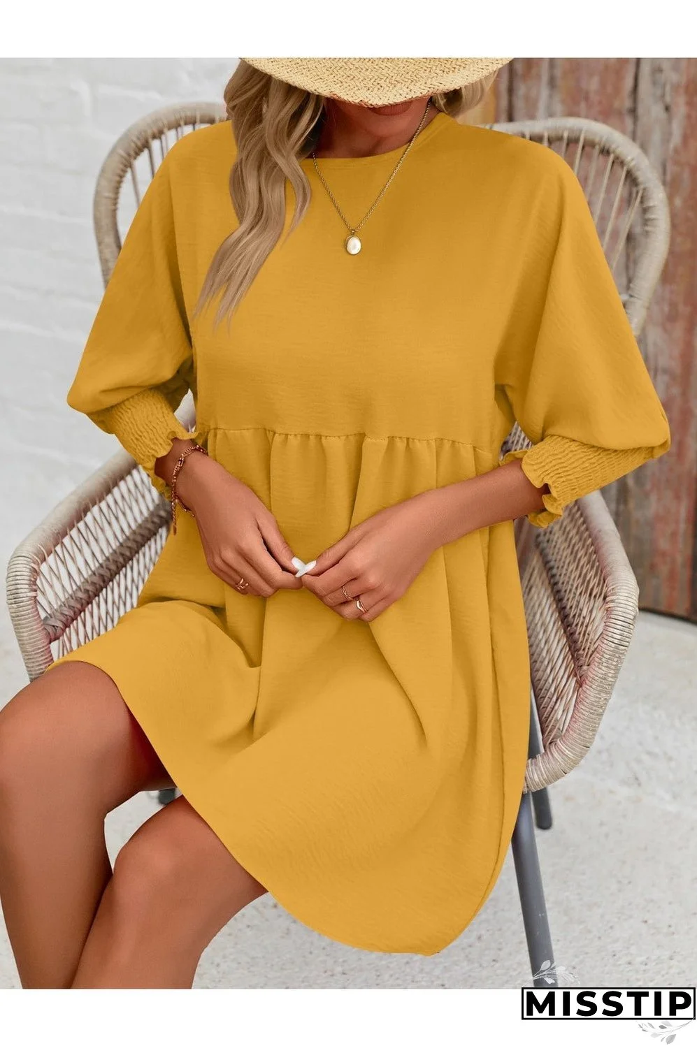 Round Neck Lantern Sleeve Mini Dress