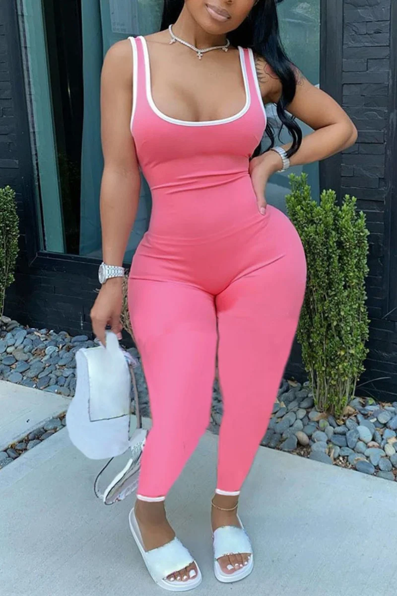 Pink Casual Sportswear Solid Basic U Neck Plus Size Jumpsuits