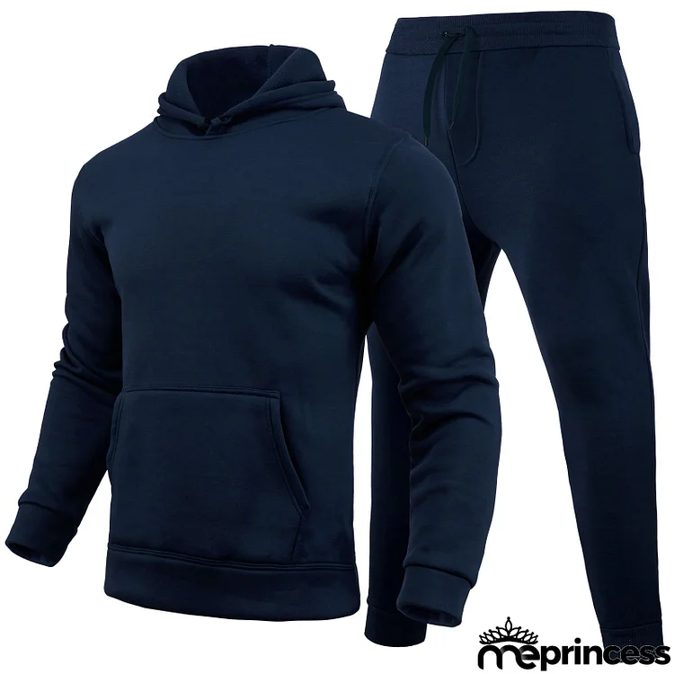 Men Casual Solid Color Hooded Long-Sleeved Hoodies And Pants Two-Piece Set