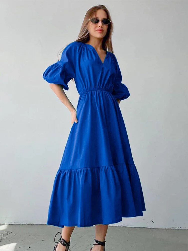 Fashion Solid Color V-neck Puff Sleeves Pleated A-line Dress