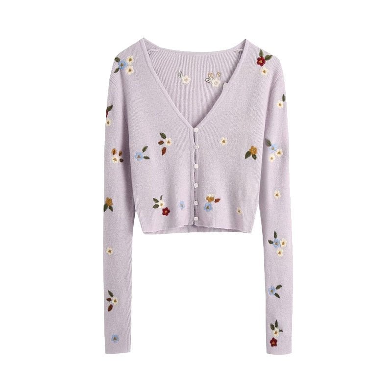 KPYTOMOA Women 2020 Fashion Floral Embroidery Cropped Knitted Cardigan Sweater Vintage Long Sleeve Female Outerwear Chic Tops