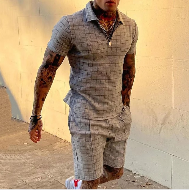 Men's Casual Polo Zipper Shorts Sleeve Suit