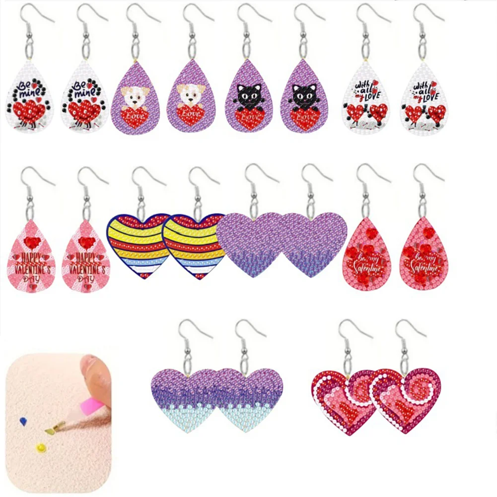 DIY 10 Pairs Cartoon Heart Double Sided Dangle Drop Diamond Art Earring Kit for Women