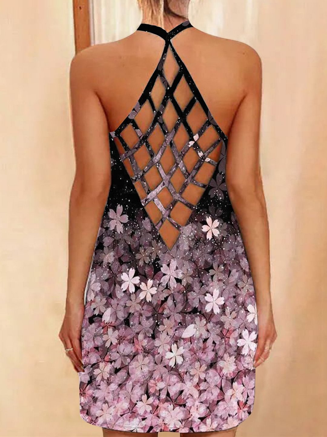 Women Sleeveless U-neck Floral Printed Hollow Mini Dress