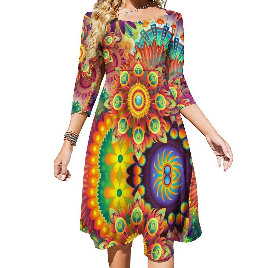 Mandala Art Dress Sweetheart Tie Back Flared 3/4 Sleeve Midi Dresses