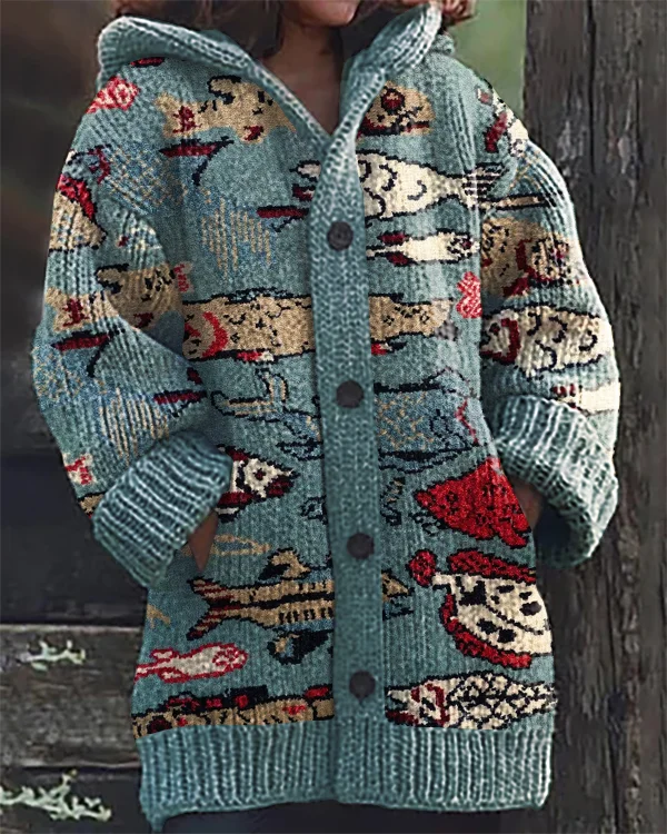 Vintage Fish Art Print Hooded Cardigan