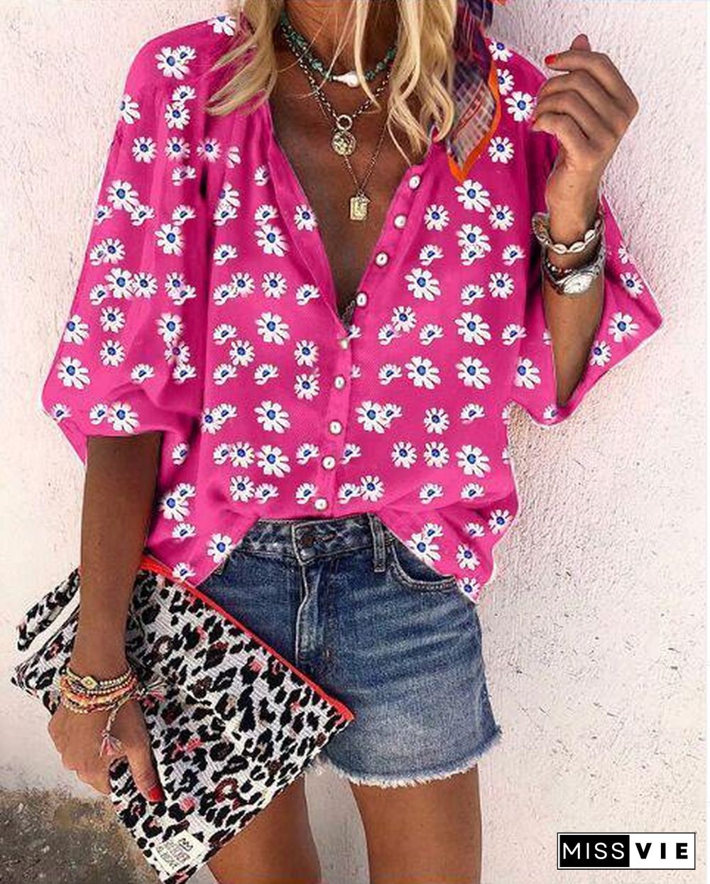 Lapel Chiffon Flower Printed Shirt