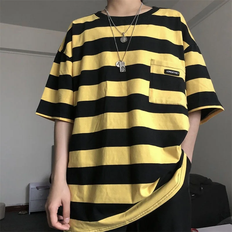 Aonga   Summer Short-sleeved Striped T-shirt Teen College Style Fashion Casual  Clothes Men Hip-hop Oversize Loose Unisex Clothes