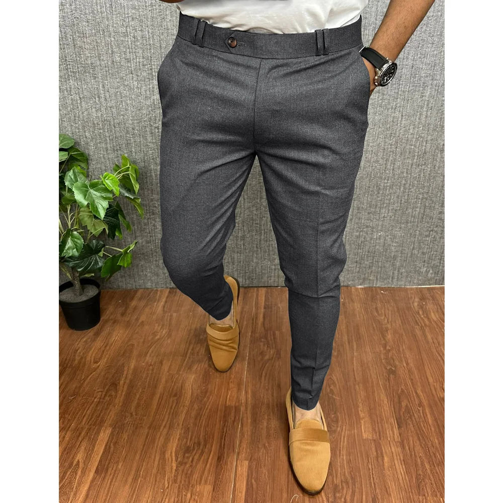 Men's Buckle Waist Casual Solid Color Business Pant Long Chino Pant for Man