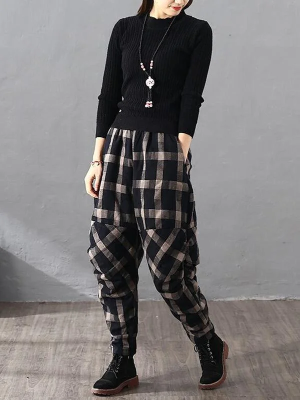 Vintage Plaid Thickening Pleated Harem Pants