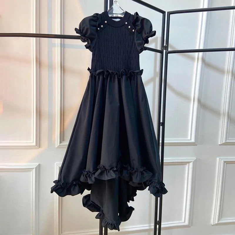 ABEBEY Black Patchwork Ruffle Dress For Women O Neck Short Sleeve High Waist Irregular Hem Summer Dresses Female Fashion