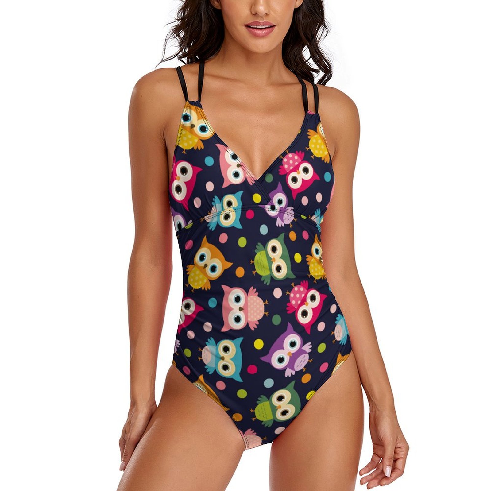 Women's Owl One Piece Deep V Neck Crisscross Back Adjustable Strap Swimsuits