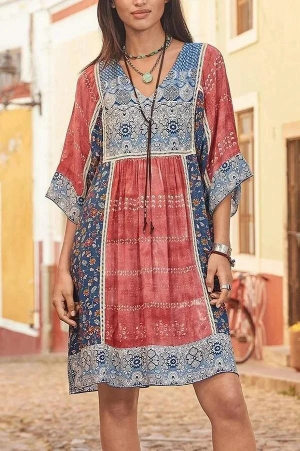 Bohemian Floral Print Tribal Holiday Midi Dress