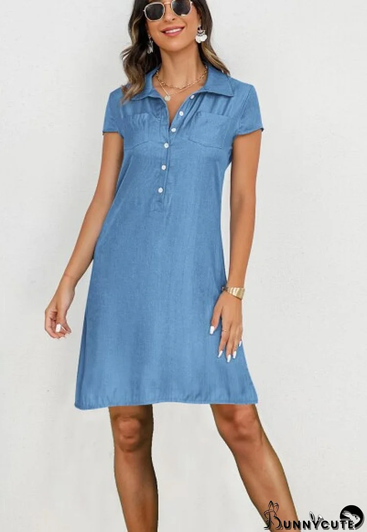 Women Turndown Collar Short Sleeve Button Up Slit Pocket Plus Size Casual Denim Dress