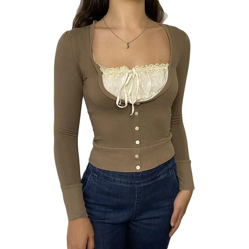 Xingqing Korean Cute Y2K Retro Cotton Tops Lace Patchwork Buttons Kawaii Tshirts Autumn Square Collar Chic Casual Shirts