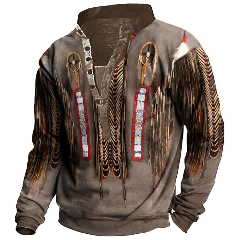 Native American Culture Henley Collar Long Sleeve Sweatshirt