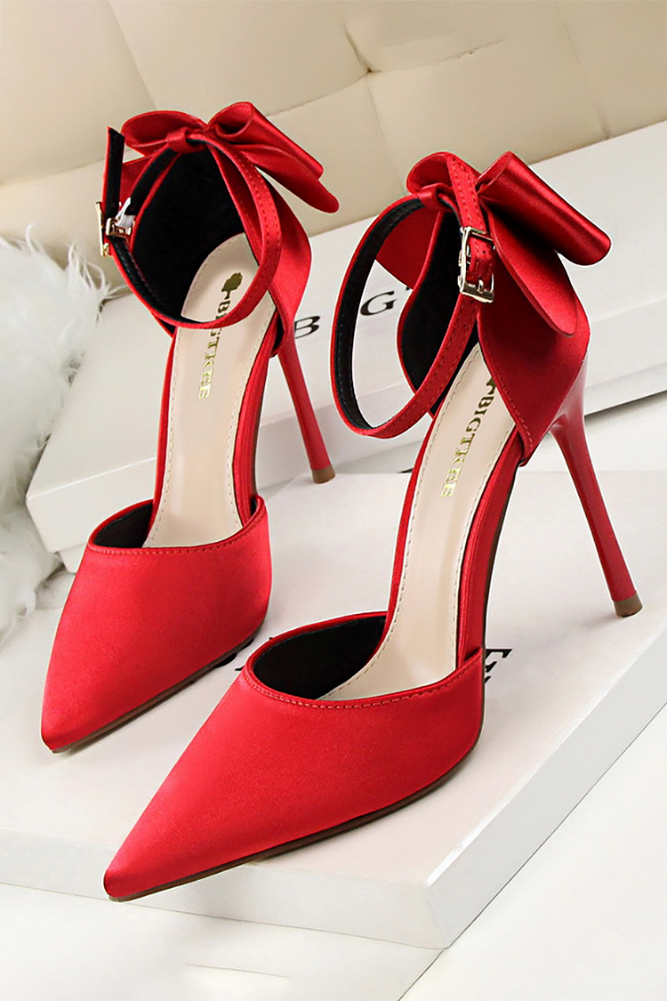 Satin Pointy Toe Ankle Strap Back Bow Stiletto Heels-Red