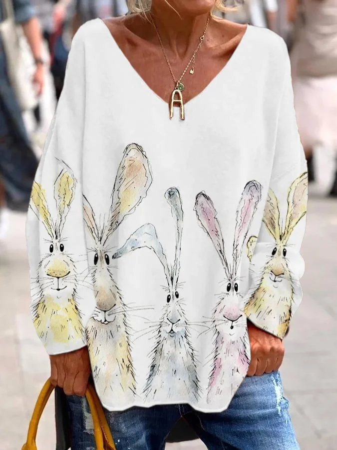 Women's Watercolor Bunny Print Casual V-Neck Loose T-Shirt