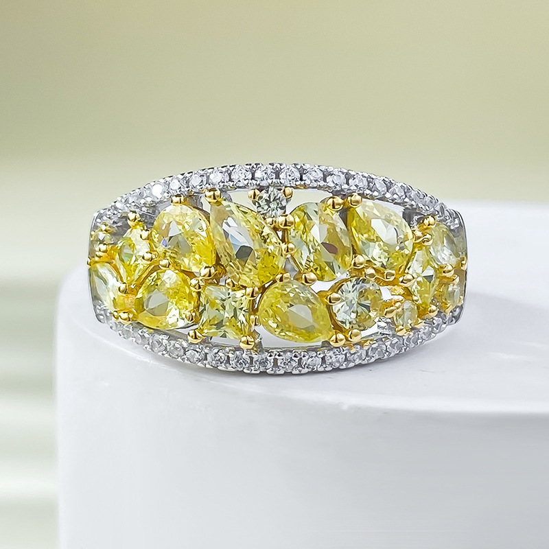 MIKAMU Jewelry Exquisite Elegance - S925 Silver Micro-Pavé Zircon and High Yellow Diamond Ring for Women, a Luxurious and Versatile Gift
