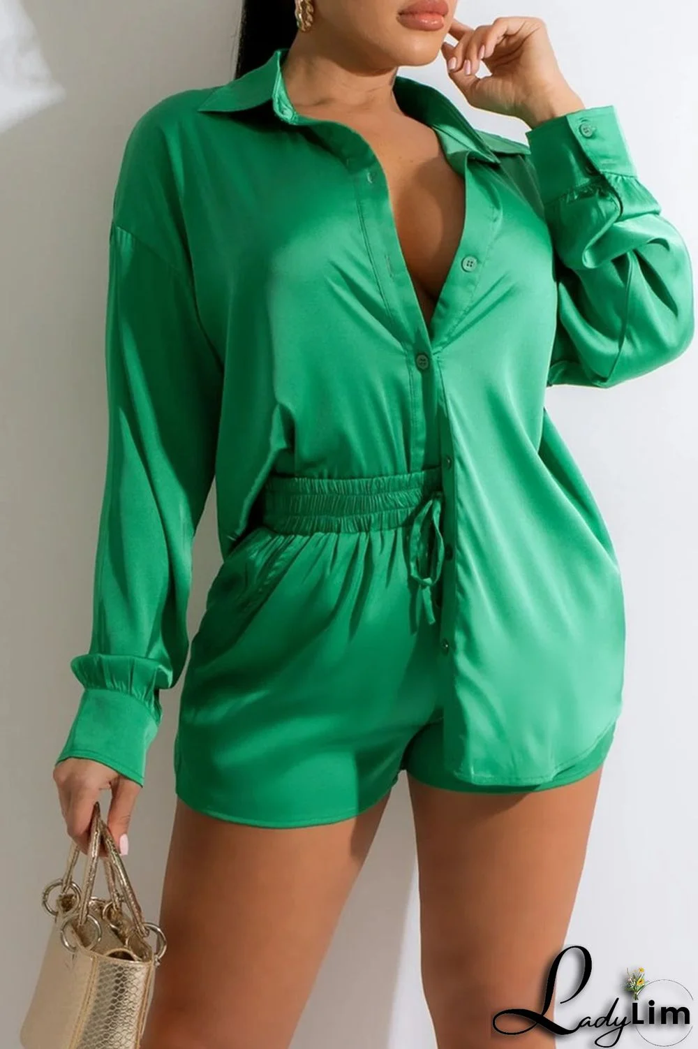 Tangerine Casual Solid Split Joint Buckle Turndown Collar Long Sleeve Two Pieces