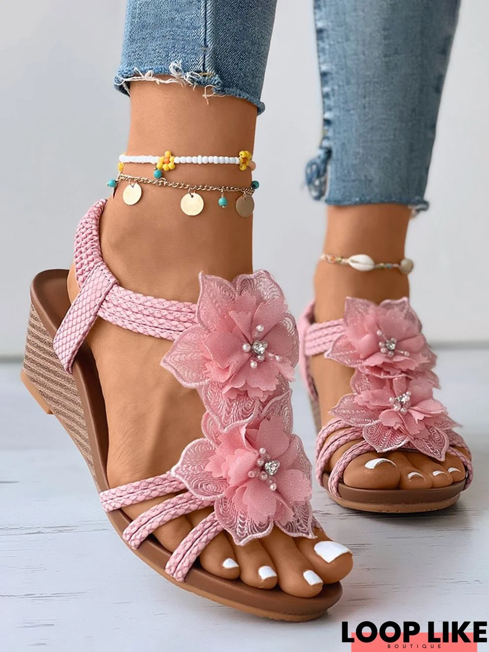 Bohemian Applique Beaded Slip On Wedge Sandals