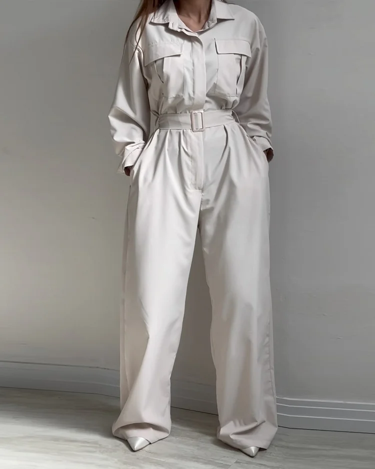 Lapel solid color waist jumpsuit