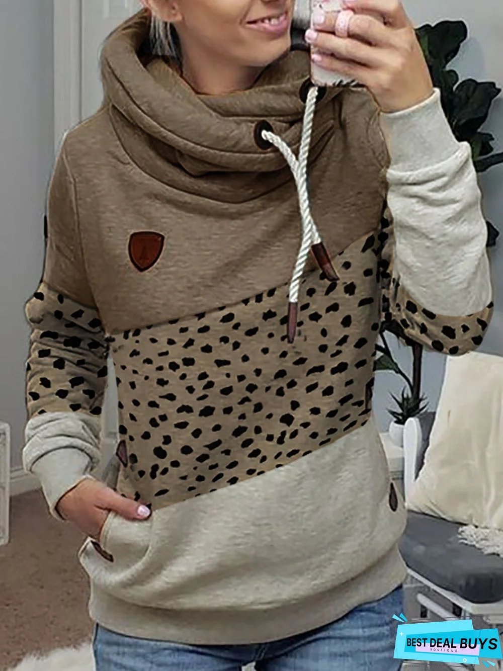 Hooded Casual Color Block Loose Hoodies & Sweatshirt