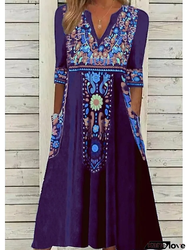 Women's Dress - Casual Dress Ethnic Dress Shift Dress Midi Dress Black Half Sleeve Floral Pocket Fall Spring Summer V Neck Vintage Birthday Daily Date S M L XL XXL 3XL