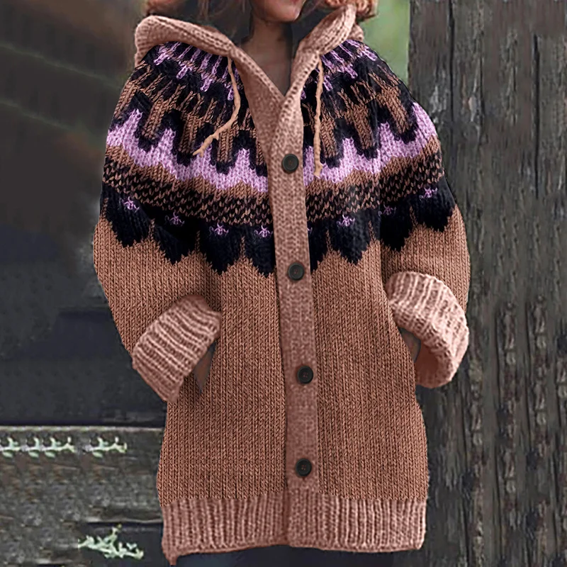 Vintage Ethnic Geometric Pattern Contrast Sweater Cardigan