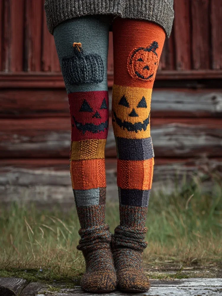 Halloween Pumpkin Spooky Face Patchwork Cozy Leggings