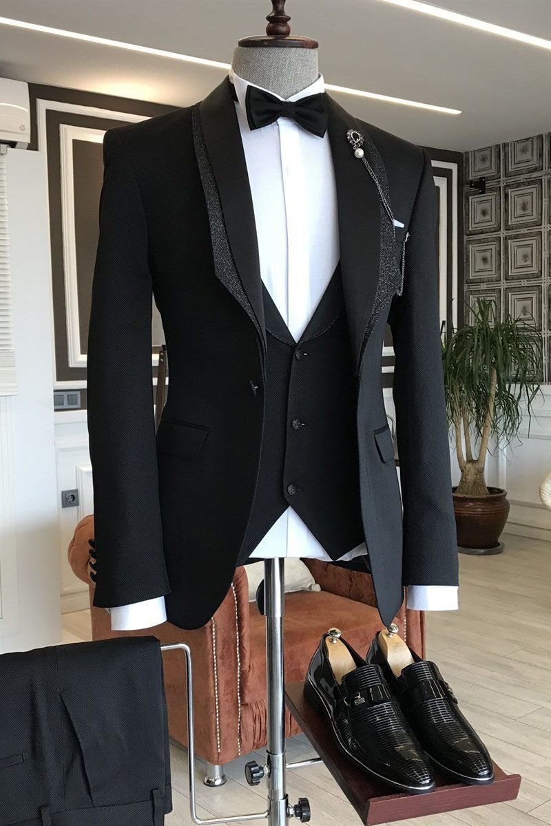 Chic One Button 3-pieces Black Shawl Lapel Wedding Tuxedos | Ballbellas Ballbellas