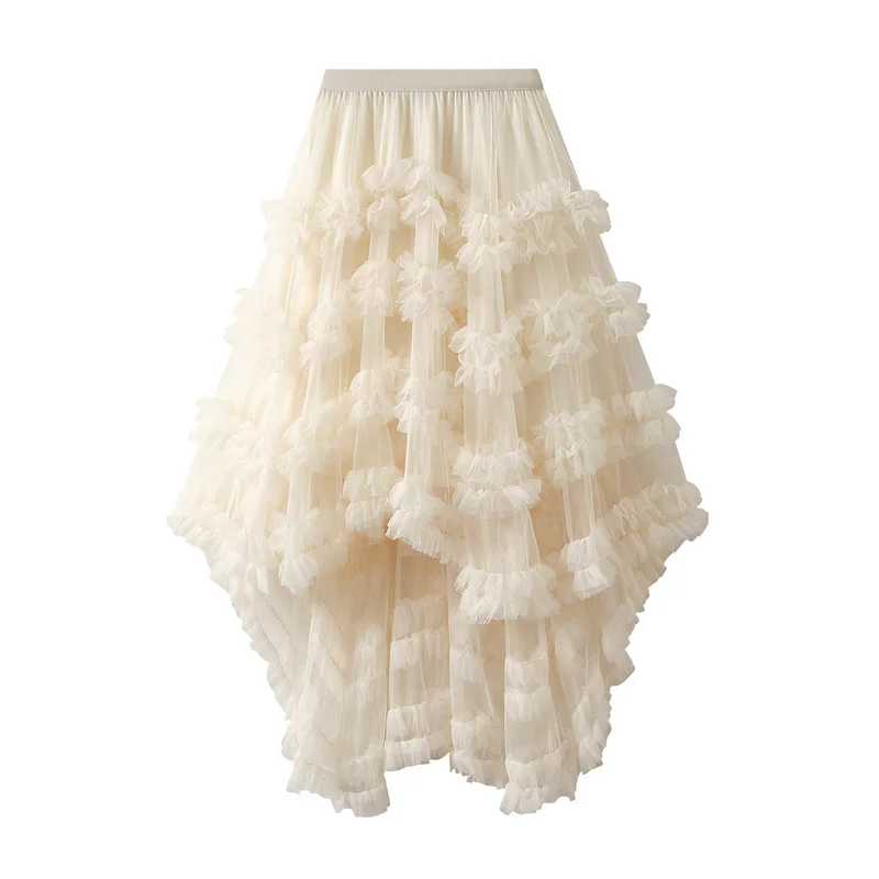 Nigikala Nigikala Skirt Candy Loose Waist Fairy Net Yarn Skirt Fluffy Irregular Lotus Leaf Side Cake Skirt 1376