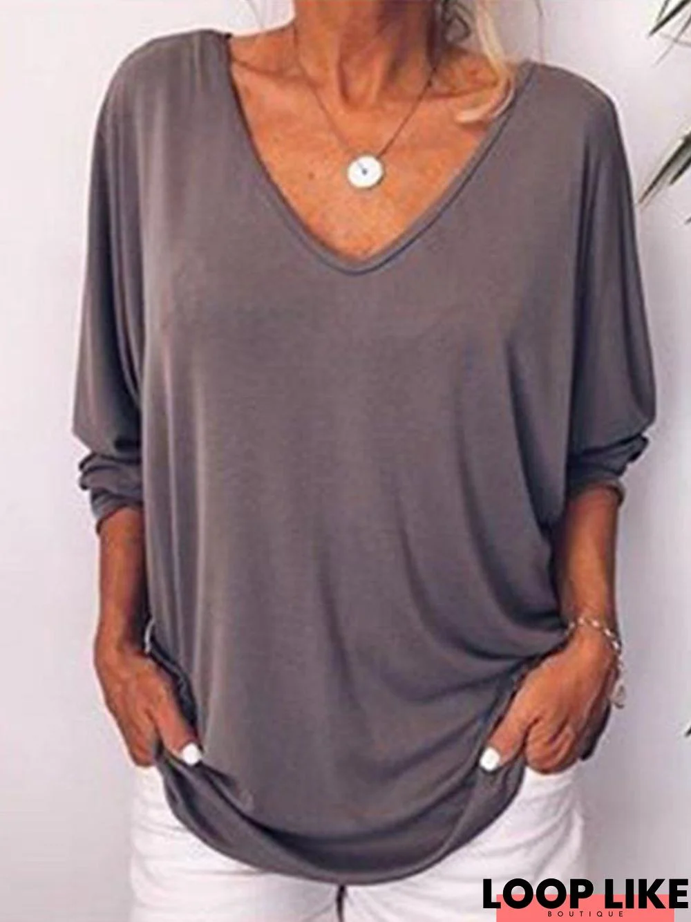 Fashion Solid V Neck Long Sleeve Buttoned Tunic T-Shirt