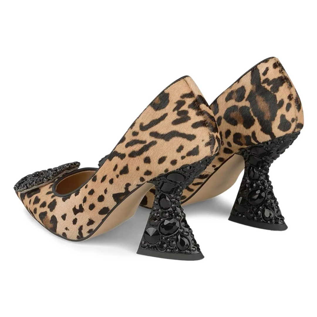 Brown Leopard Faux Suede Pointed Rhinestone Decorative Heel Pumps   