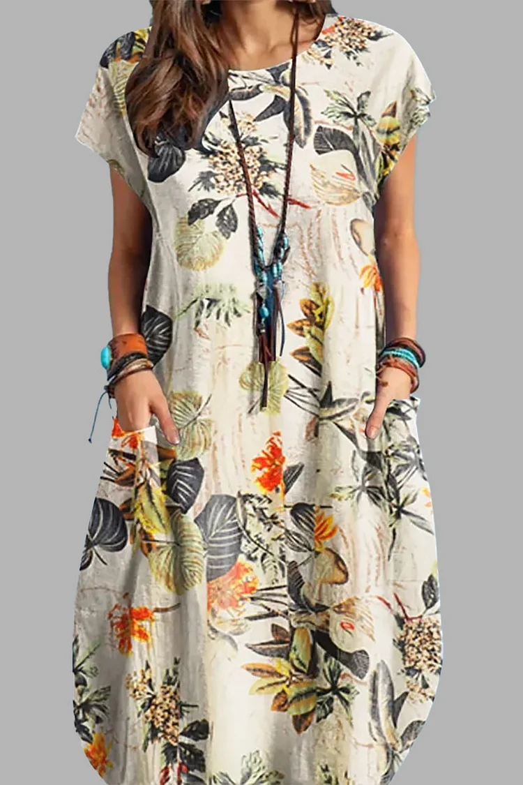 Floral Print Short Sleeve Pocket Linen Midi Dress