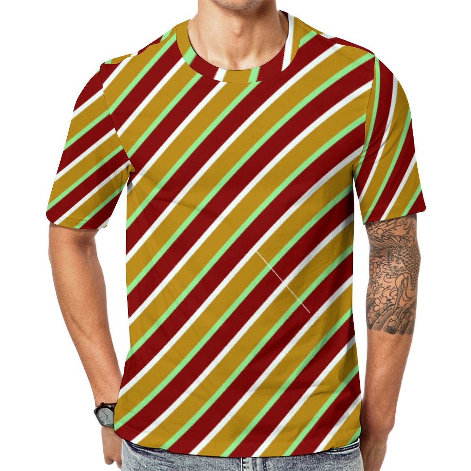 Mint Cream Dark Goldenrod Green Maroon Lines Short Sleeve Print Unisex Tshirt Summer Casual Tees for Men and Women Coolcoshirts