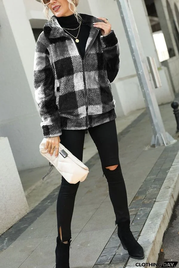 Long Sleeve Stand Collar Plaid Double Face Fleece Jacket