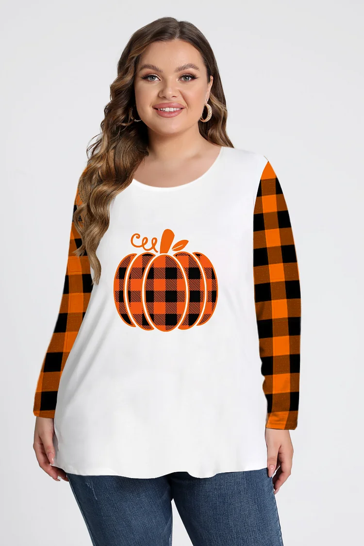 Flycurvy Plus Size Halloween White Plaid Stitching Pumpkin Print Long Sleeve T-Shirt  Flycurvy [product_label]